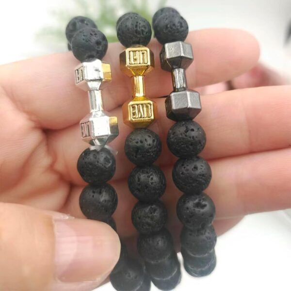 Men's Jewelry Alloy Metal Barbell & Lava Rock Stone Beads Fitness Fashion Dumbbell Bracelet - Image 4