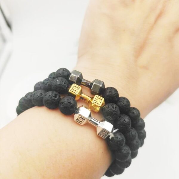 Men's Jewelry Alloy Metal Barbell & Lava Rock Stone Beads Fitness Fashion Dumbbell Bracelet - Image 5